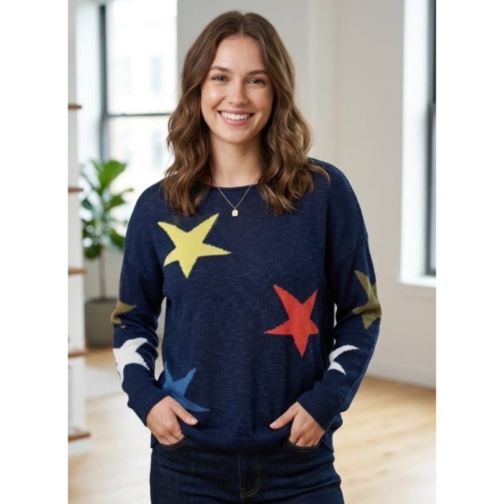 Davi & Dani Navy Blue Star Print Crewneck Sweater size large